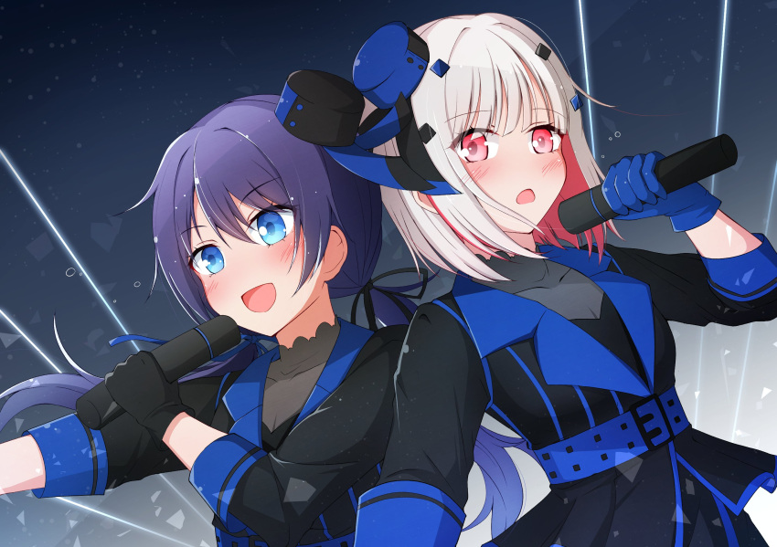 2girls awoke_(love_live!) belt black_jacket black_ribbon black_shirt blue_background blue_belt blue_eyes blue_gloves blue_hair blue_jacket blue_ribbon blush bob_cut breasts check_commentary chitose_tose cleavage colored_inner_hair commentary_request dark_blue_hair diamond_hair_ornament dollchestra gloves gradient_background hair_ribbon hat highres holding holding_microphone inverted_bob jacket light_particles link!_like!_love_live! long_hair looking_ahead looking_at_viewer love_live! low_twintails microphone mini_hat multicolored_clothes multicolored_hair multicolored_jacket multiple_girls murano_sayaka red_eyes red_hair ribbon see-through see-through_cleavage shirt short_hair streaked_hair striped_clothes striped_jacket sweat twintails two-sided_fabric two-sided_jacket two-tone_hat two-tone_jacket vertical-striped_clothes vertical-striped_jacket white_background white_hair yugiri_tsuzuri