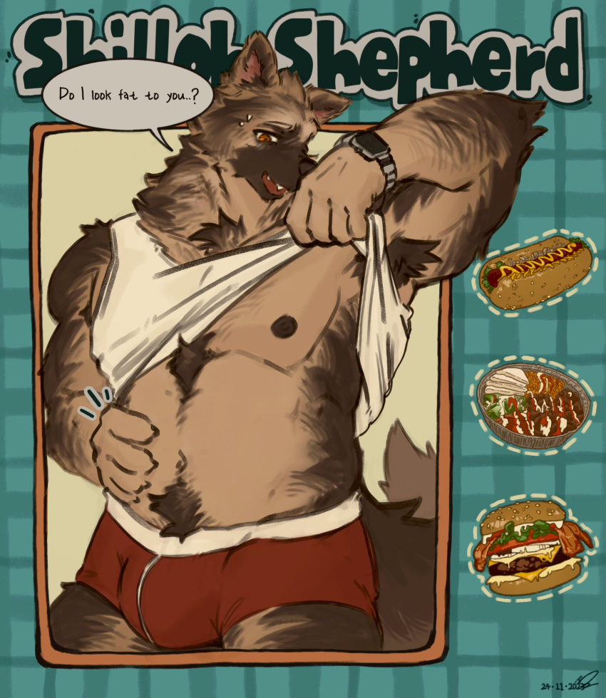 anthro armpit_hair body_hair bulge canid canine canis chest_tuft clock clothed clothing clothing_lift domestic_dog embarrassed food german_shepherd herding_dog hi_res male mammal pastoral_dog qwertyuiop4082 shirt shirt_lift simple_background solo topwear tuft underwear watch