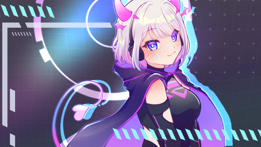 1girl :3 absurdres black_bodysuit black_cape bob_cut bodysuit breasts cape detached_horns gradient_hair gradient_horns hair_intakes headphones highres holographic_horns horns indie_virtual_youtuber looking_at_viewer medium_hair mitsui_(mmdwn_0520) motherv3 multicolored_eyes multicolored_hair multicolored_horns neon_trim pink_horns purple_cape purple_eyes purple_horns smile solo tail tail_through_clothes touching_tail two-sided_cape two-sided_fabric two-tone_eyes virtual_youtuber white_eyes