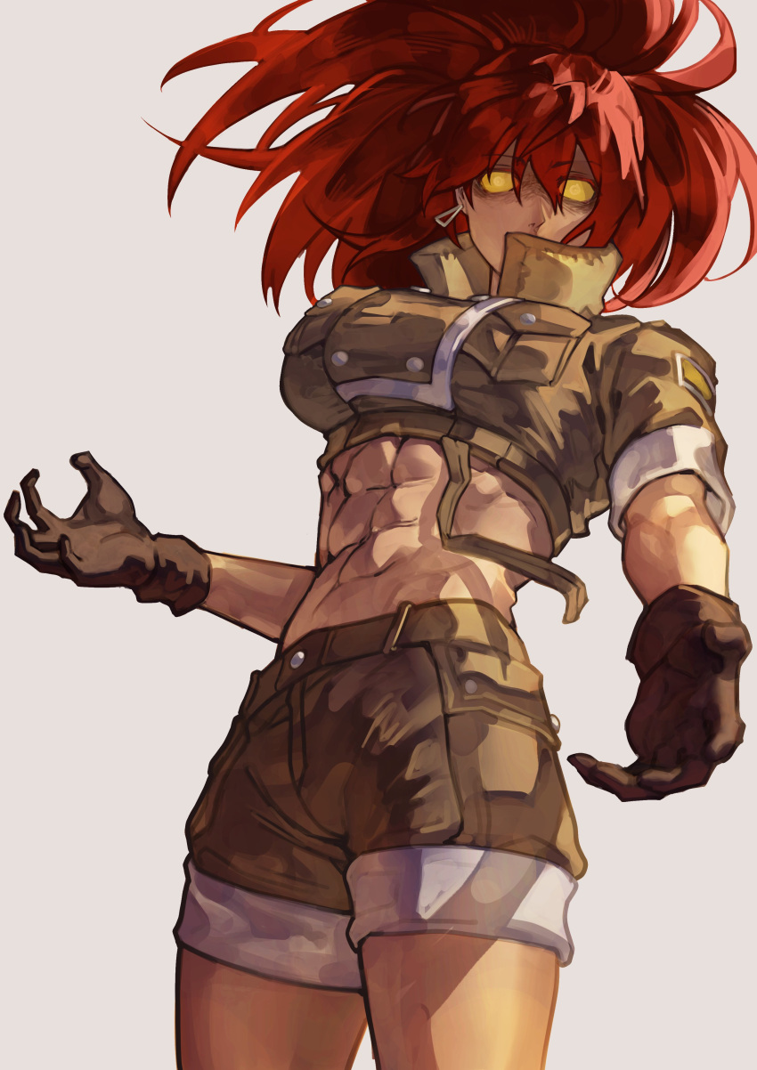 1girl abs absurdres alternate_hair_color black_gloves breasts dark_persona gloves glowing glowing_eyes green_jacket green_shorts highres jacket leona_heidern midriff military_uniform muscular muscular_female orochi_leona ponytail red_eyes red_hair short_sleeves shorts soldier solo suspenders syachiiro the_king_of_fighters uniform yellow_eyes