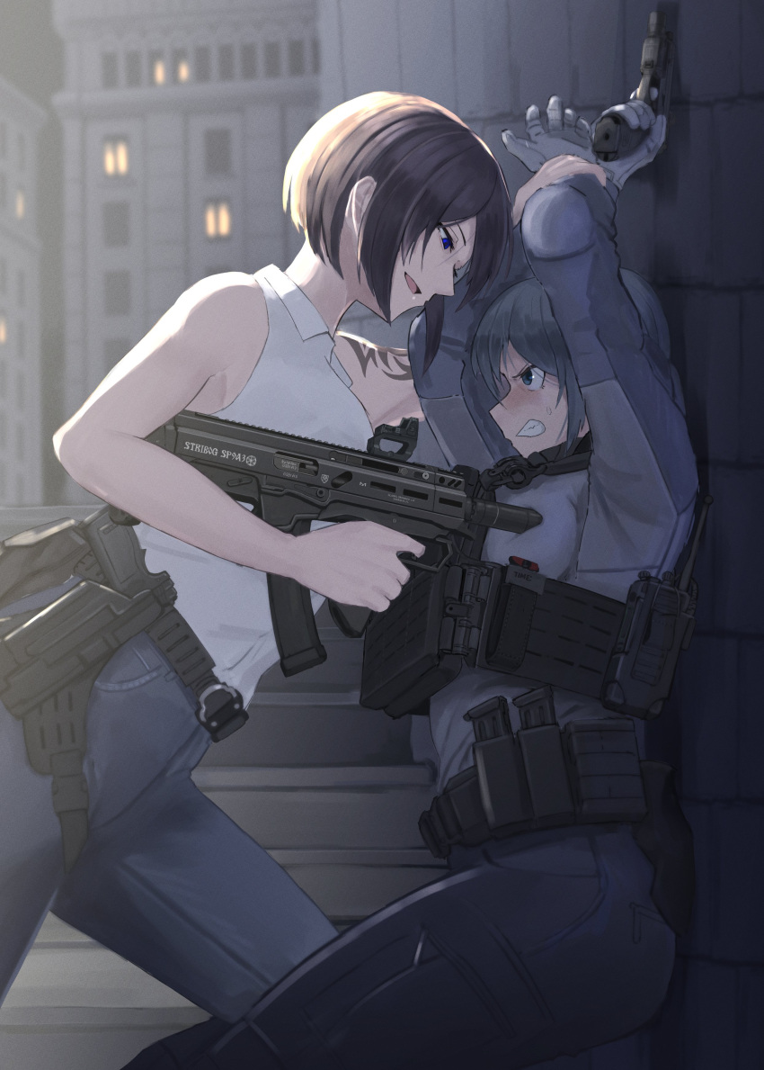 2girls absurdres against_wall aiming angry arm_tattoo bullpup d-sawa613 finger_on_trigger gloves gun handgun highres holding holding_gun holding_weapon holster multiple_girls original short_hair submachine_gun tactical_clothes tattoo weapon