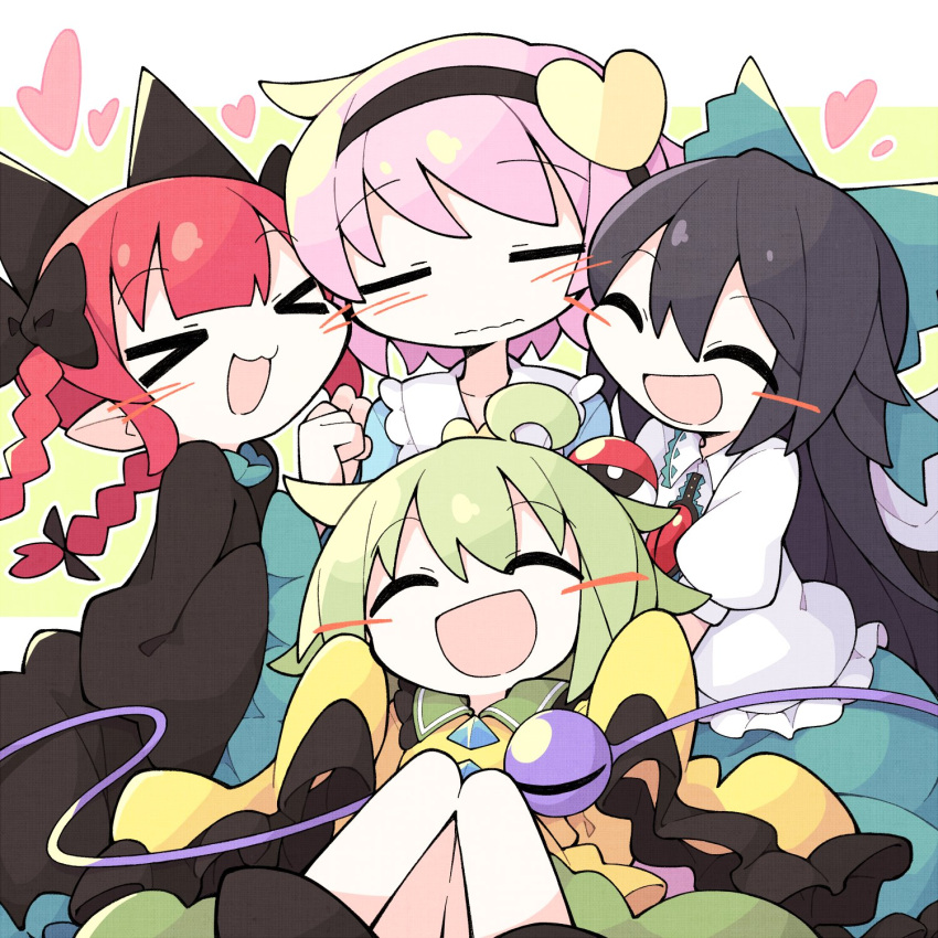 &gt;_&lt; 4girls :d ahoge animal_ears asameshi black_bow black_dress black_hair black_hairband blouse blush_stickers bow braid buttons cat_ears closed_eyes closed_mouth commentary diamond_button dress extra_ears frilled_sleeves frills green_bow green_hair green_skirt hair_bow hair_ornament hairband happy heart heart_hair_ornament highres kaenbyou_rin komeiji_koishi komeiji_satori long_hair long_sleeves multiple_girls no_headwear open_mouth pink_hair pointy_ears puffy_short_sleeves puffy_sleeves red_hair reiuji_utsuho shirt short_hair short_sleeves skirt sleeves_past_fingers sleeves_past_wrists smile third_eye touhou twin_braids wavy_mouth white_shirt wide_sleeves yellow_shirt