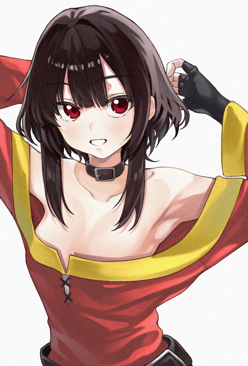 1girl armpits arms_behind_head arms_up belt black_hair blush collarbone dress fingerless_gloves flat_chest gloves highres kono_subarashii_sekai_ni_bakuen_wo! kono_subarashii_sekai_ni_shukufuku_wo! megumin no_bra open_mouth red_dress red_eyes short_hair short_hair_with_long_locks smile solo taroekaki