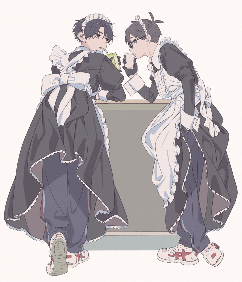 2boys apron black_dress black_gloves black_pants blue_eyes blue_pants crossdressing cup dress drink drinking drinking_straw drinking_straw_in_mouth earrings frilled_apron frills glasses gloves hand_in_pocket hand_up highres holding holding_cup holding_drink jewelry juice_box juliet_sleeves leaning_forward long_sleeves maid maid_apron maid_headdress male_focus male_maid mi_(pic52pic) multiple_boys original pants profile puffy_sleeves red_eyes shoe_soles shoes short_hair simple_background stud_earrings track_pants white_apron white_background