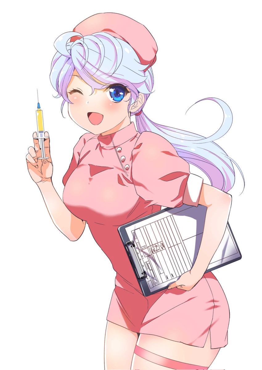 1girl blue_eyes blush boku_no_kanojo_wa_sasuga_desu. breasts clipboard commentary_request dress hat highres holding holding_clipboard holding_syringe inoue_sora long_hair looking_at_viewer medium_breasts nurse nurse_cap one_eye_closed open_mouth pink_dress ponytail sasuga_ayame short_dress short_sleeves smile solo syringe thigh_strap white_hair