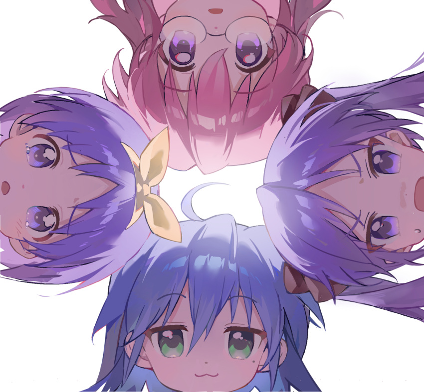 4girls :3 ahoge blue_eyes blue_hair bow_hairband circle_formation commentary from_below glasses hair_between_eyes hairband heads_together highres hiiragi_kagami hiiragi_tsukasa izumi_konata jitome long_hair looking_at_viewer lucky_star mole mole_under_eye multiple_girls open_mouth pink_eyes pink_hair portrait purple_eyes purple_hair round_eyewear semi-rimless_eyewear short_hair simple_background sweatdrop takara_miyuki tareme tearing_up tsurime twintails under-rim_eyewear waguxuyalian white_background yellow_hairband