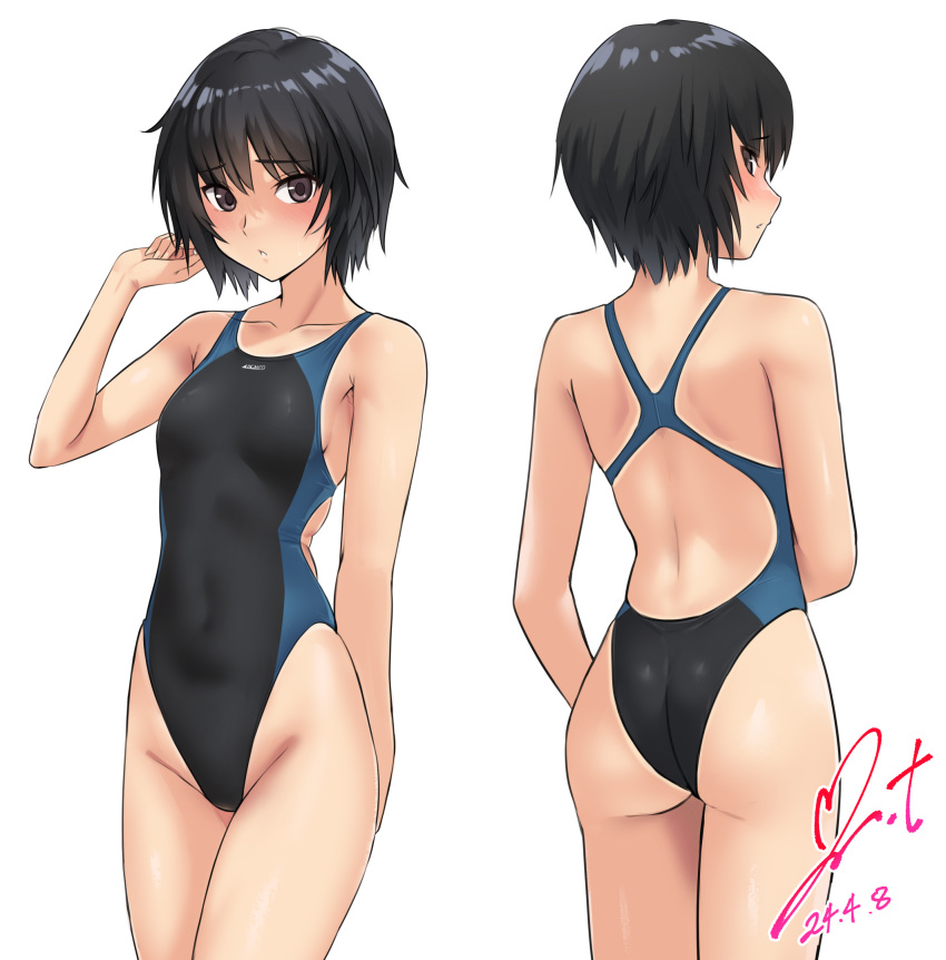 1girl amagami ass black_hair black_one-piece_swimsuit breasts brown_eyes commentary_request commission competition_swimsuit cowboy_shot dated highleg highleg_swimsuit highres multiple_views nanasaki_ai one-piece_swimsuit pixiv_commission short_hair signature simple_background small_breasts swimsuit two-tone_swimsuit white_background yoo_tenchi