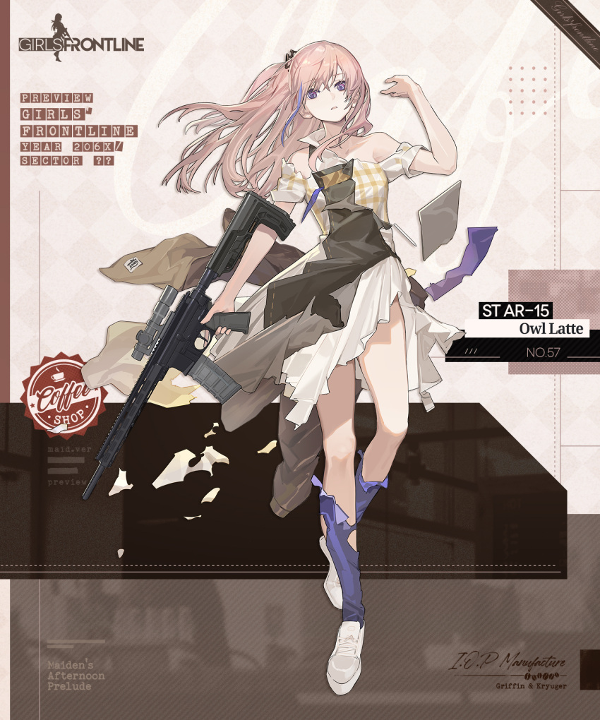 1girl apron ar-15 blue_eyes blue_necktie blue_socks brown_background brown_jacket character_name clipboard commentary copyright_name english_commentary english_text expressionless full_body girls'_frontline green_apron gun hair_ornament hand_up highres holding holding_gun holding_weapon jacket kneehighs light_brown_hair long_hair long_skirt looking_at_viewer multicolored_background multicolored_hair necktie official_alternate_costume official_art one_side_up parted_lips pen plaid plaid_shirt promotional_art rifle second-party_source shirt shoes short_necktie short_sleeves simple_background skirt socks solo st_ar-15_(girls'_frontline) st_ar-15_(owl_latte)_(girls'_frontline) standing streaked_hair torn_apron torn_clothes torn_jacket torn_necktie torn_shirt torn_skirt torn_socks trigger_discipline umo_(mica_team) unworn_jacket waitress weapon white_background white_footwear white_shirt white_skirt