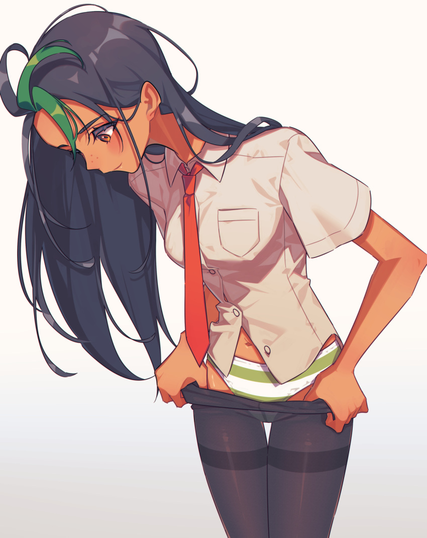 1girl black_hair black_pantyhose brown_eyes closed_mouth collared_shirt dark-skinned_female dark_skin freckles green_hair highres long_hair looking_down loose_hair_strand loose_necktie miri_(cherryjelly) multicolored_hair navel necktie nemona_(pokemon) orange_necktie panties pantyhose partially_undressed pokemon pokemon_sv shirt solo standing streaked_hair striped_clothes striped_panties two-tone_hair unbuttoned underwear white_shirt