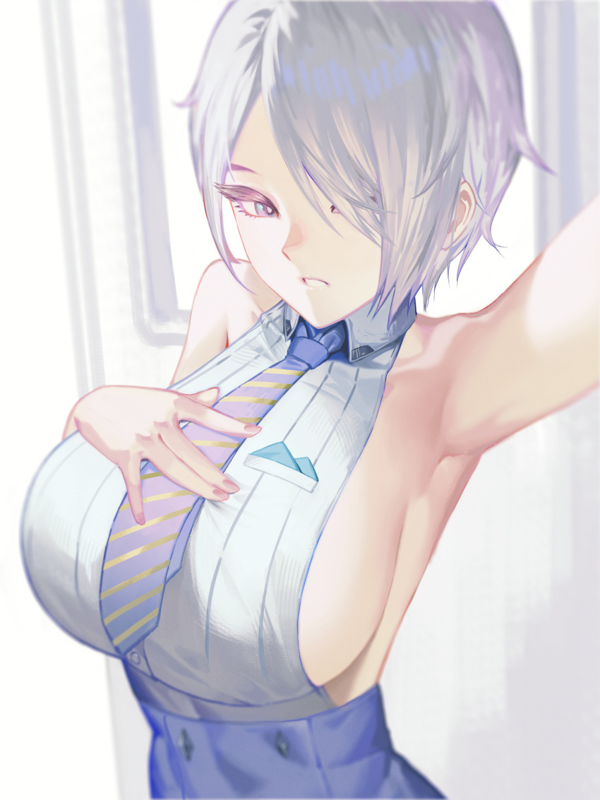 1girl absurdres blue_necktie breasts brid_(nikke) english_commentary goddess_of_victory:_nikke grey_eyes hair_over_one_eye hand_on_own_chest highres jeeboon large_breasts looking_at_viewer medium_hair necktie parted_lips selfie shirt sideboob sideless_shirt skirt solo upper_body white_hair white_shirt
