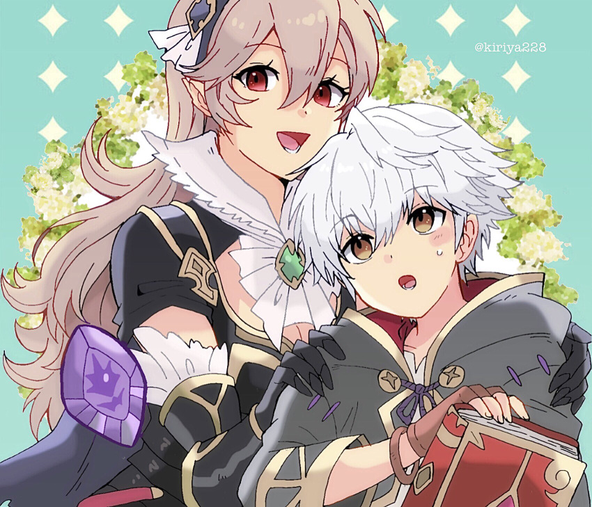 1boy 1girl book breasts brown_gloves brown_hair cleavage corrin_(female)_(fire_emblem) corrin_(female)_(nohr_noble)_(fire_emblem) corrin_(fire_emblem) dragonstone fingerless_gloves fire_emblem fire_emblem_awakening fire_emblem_fates gloves grey_hair highres holding holding_book kiriya_(552260) long_hair open_mouth red_eyes robin_(fire_emblem) robin_(male)_(child)_(fire_emblem) robin_(male)_(fire_emblem) smile upper_body white_hair