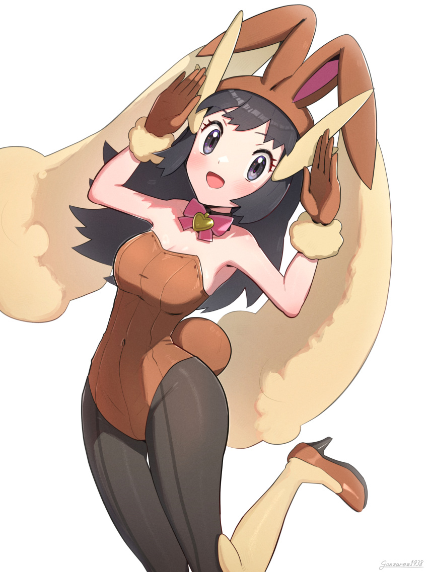 1girl absurdres animal_ears black_eyes black_hair black_pantyhose breasts brown_gloves brown_leotard cosplay dawn_(pokemon) gloves gonzarez highres leotard long_hair looking_at_viewer lop_rabbit_ears lopunny lopunny_(cosplay) medium_breasts pantyhose playboy_bunny pokemon pokemon_dppt rabbit_ears rabbit_tail simple_background solo tail white_background