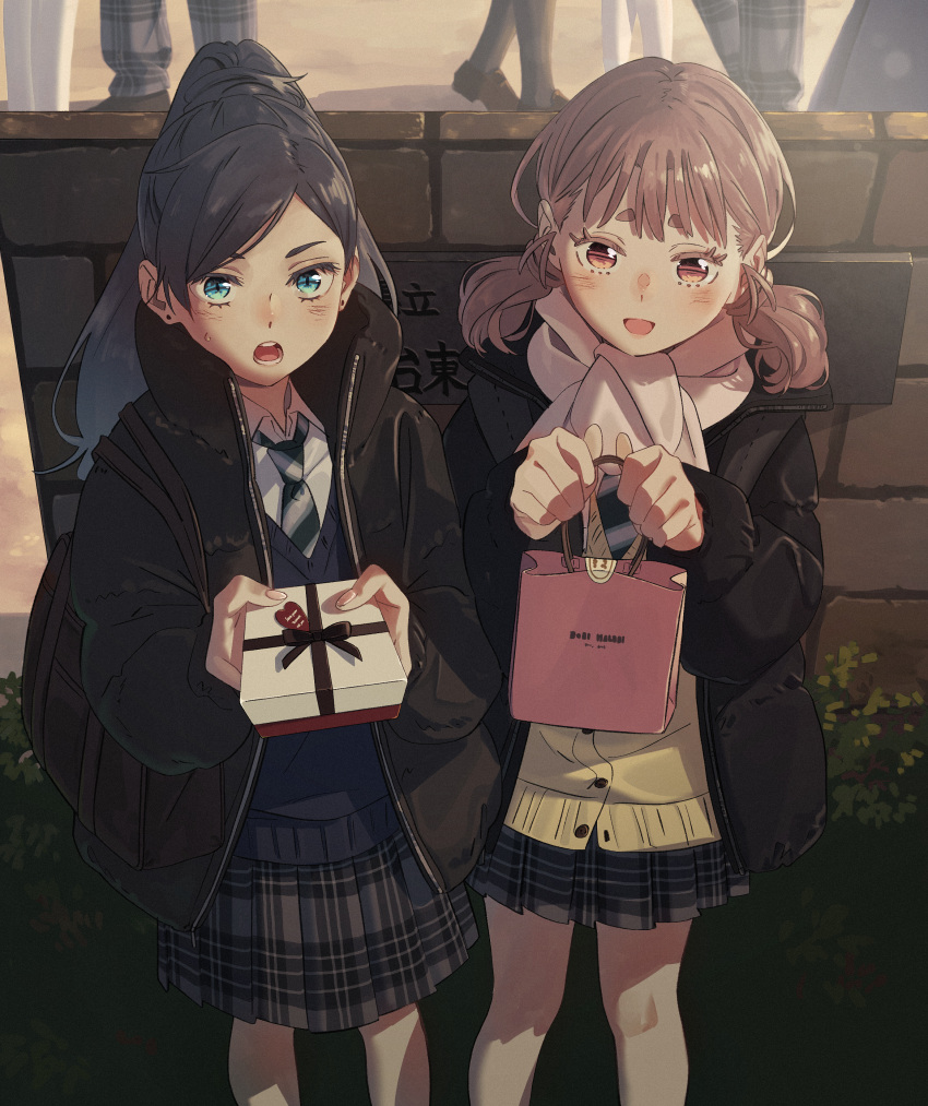 2girls :d absurdres bag black_jacket black_socks blue_eyes blue_sweater box brown_hair collared_shirt day earrings eyelashes feet_out_of_frame gift gift_box grey_skirt hands_up highres holding holding_bag holding_gift incoming_gift jacket jewelry long_hair long_sleeves looking_at_viewer low_twintails medium_hair mi_(pic52pic) miniskirt multiple_girls necktie open_mouth original out_of_frame paper_bag plaid plaid_skirt pleated_skirt ponytail red_eyes scarf school_bag school_uniform shirt short_hair side-by-side skirt smile socks standing striped_necktie stud_earrings sweater twintails valentine white_scarf white_shirt