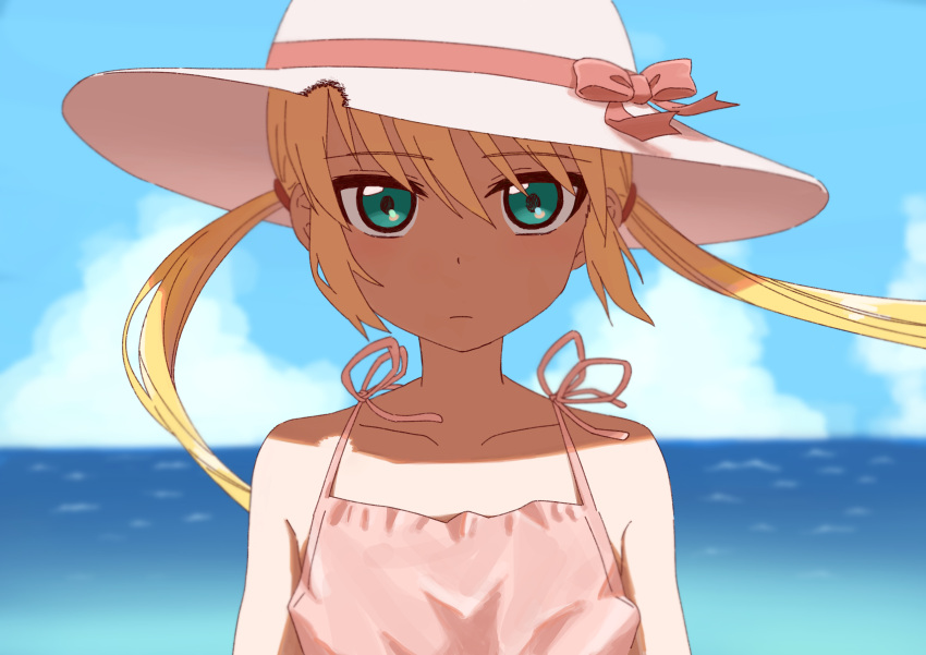 1girl a_(toitoitoioekk) absurdres bare_shoulders blonde_hair blue_sky cloud day dress expressionless green_eyes hat hayate_no_gotoku! highres horizon long_hair looking_at_viewer ocean pink_dress sanzen'in_nagi sky solo sun_hat swimsuit twintails upper_body wind