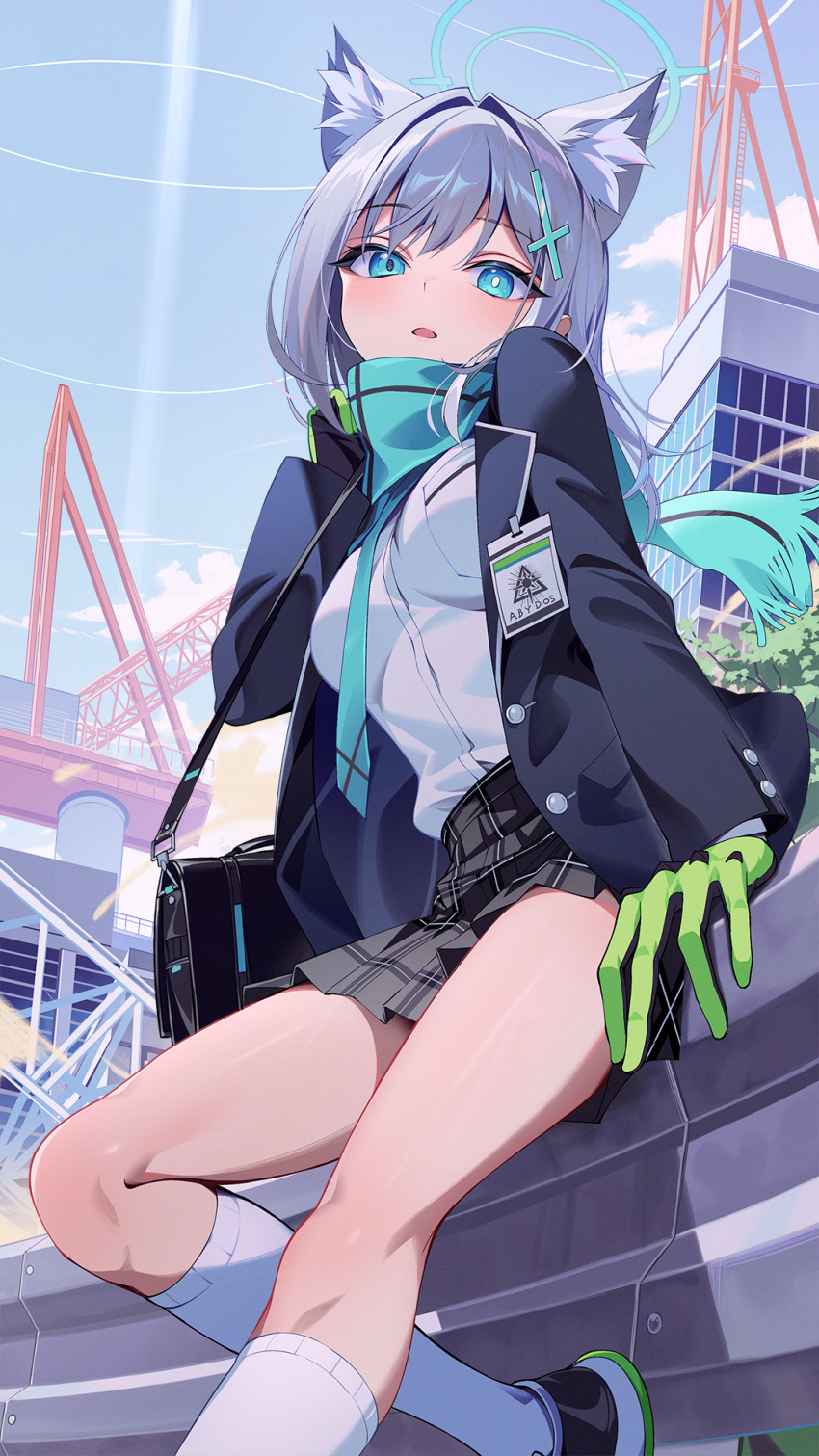 1girl :o animal_ears aqua_necktie aqua_scarf black_bag black_gloves black_skirt blue_archive blue_eyes blue_halo blue_sky building cross cross_hair_ornament day from_below gloves green_gloves grey_hair hair_ornament halo highres id_card inverted_cross kainown looking_at_viewer mismatched_pupils necktie open_mouth plaid plaid_skirt pleated_skirt scarf shiroko_(blue_archive) shirt short_hair sitting skirt sky socks solo thighs two-tone_gloves white_shirt white_socks wolf_ears wolf_girl