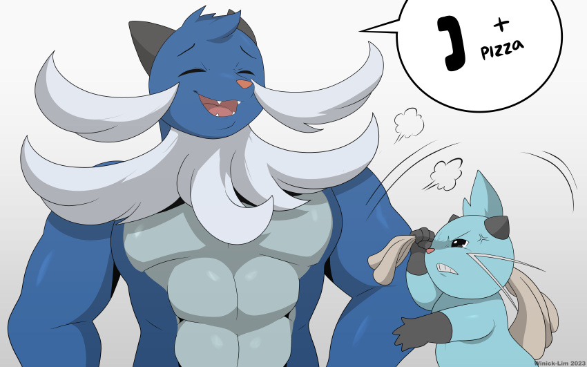 abs absurd_res angry anthro clenched_teeth cross-popping_vein dewott duo electronics generation_5_pokemon hi_res male muscular muscular_male nintendo nude phone pokemon pokemon_(species) samurott size_difference smile swinging teeth towel winick-lim