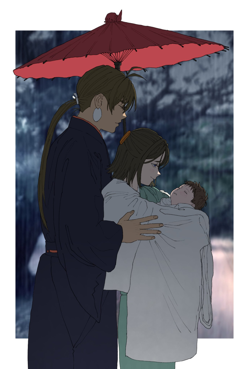 1girl 2boys baby baby_carry blue_kimono blurry blurry_background brown_hair carrying closed_eyes cowboy_shot earrings family gegege_no_kitarou green_kimono half_updo height_difference highres japanese_clothes jewelry kimono kitarou_tanjou:_gegege_no_nazo long_hair long_sleeves looking_at_another low_ponytail momoka_(abc_momoka0718) multiple_boys nagata_genji nagata_kenko nagata_tokiya oil-paper_umbrella outside_border ponytail profile rain skirt smile standing umbrella