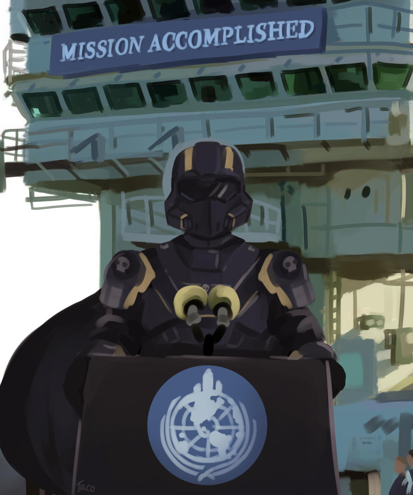 1other absurdres artist_name cape commentary english_commentary english_text helldiver_(helldivers) helldivers_(series) helmet highres lectern looking_at_viewer microphone military_vehicle outdoors parody photo-referenced real_life ship standing straight-on taco0000oo upper_body warship watercraft