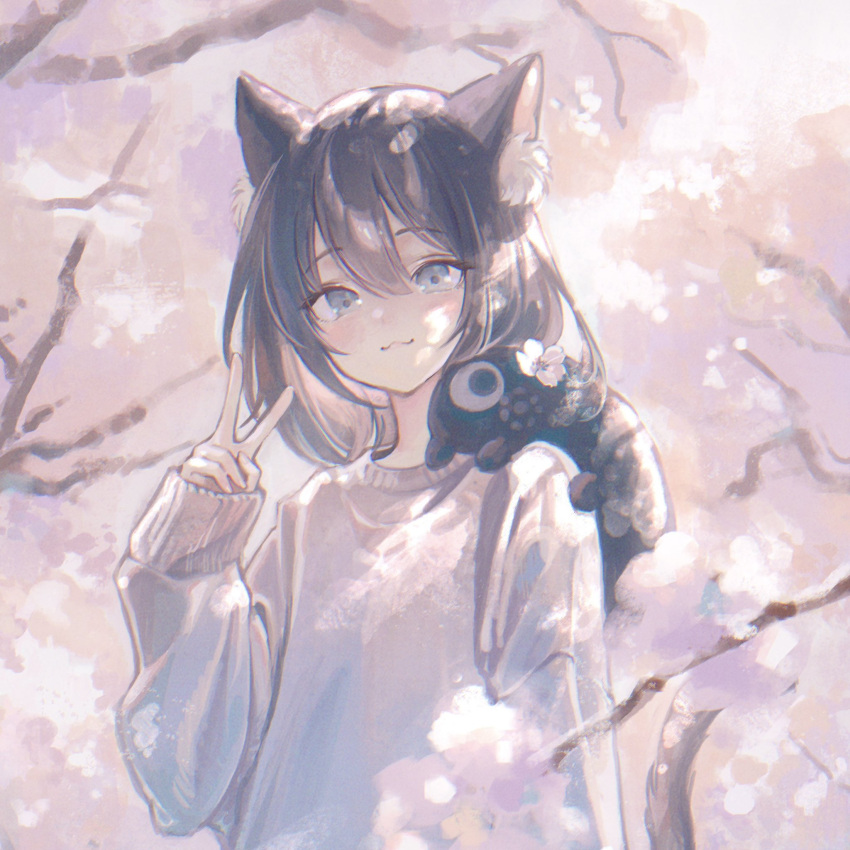 1girl :3 animal_ears brown_hair cat_ears cat_girl cat_tail cherry_blossoms creature creature_on_shoulder grey_eyes highres long_sleeves looking_at_viewer on_shoulder original popepopo999 short_hair sleeves_past_wrists smile sweater tail v white_sweater