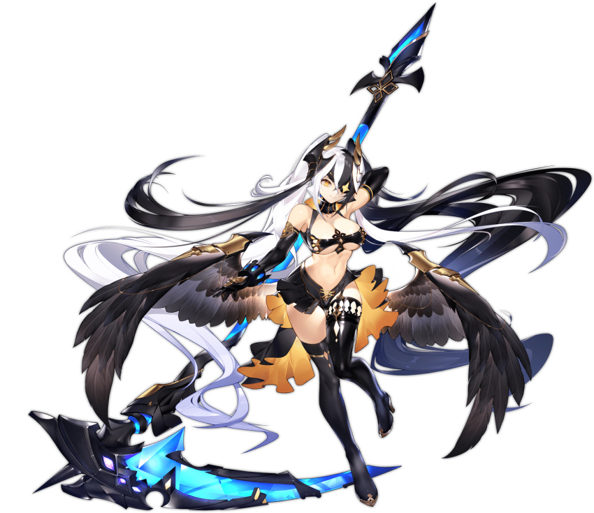 1girl absurdly_long_hair angel ark_order arm_behind_back arm_up asymmetrical_clothes asymmetrical_legwear bare_shoulders black_gloves black_hair black_wings breasts calder closed_mouth cross elbow_gloves eyebrows_hidden_by_hair eyepatch feathered_wings full_body gloves highres holding holding_scythe holding_weapon inverted_cross large_breasts latin_cross long_hair looking_at_viewer mismatched_legwear multicolored_hair navel official_art open_mouth sariel_(ark_order) science_fiction scythe smile solo tachi-e tattoo transparent_background twintails two-tone_hair uneven_legwear very_long_hair weapon white_hair wings yellow_eyes