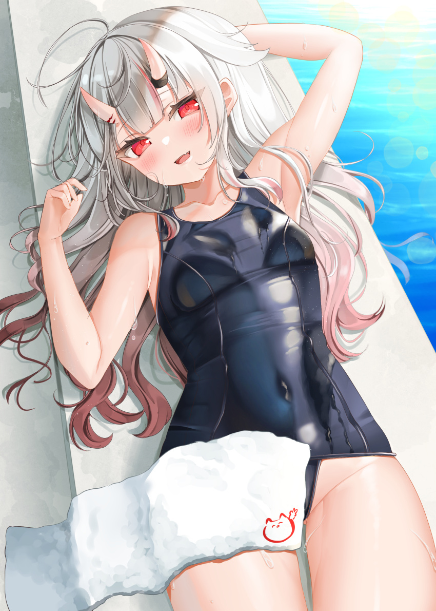 1girl absurdres bare_shoulders blue_one-piece_swimsuit blush breasts collarbone competition_school_swimsuit covered_navel fang gradient_hair grey_hair highres hololive horns long_hair looking_at_viewer multicolored_hair nakiri_ayame ohagetty one-piece_swimsuit oni open_mouth red_eyes red_hair school_swimsuit skin-covered_horns skin_fang small_breasts smile solo streaked_hair swimsuit virtual_youtuber