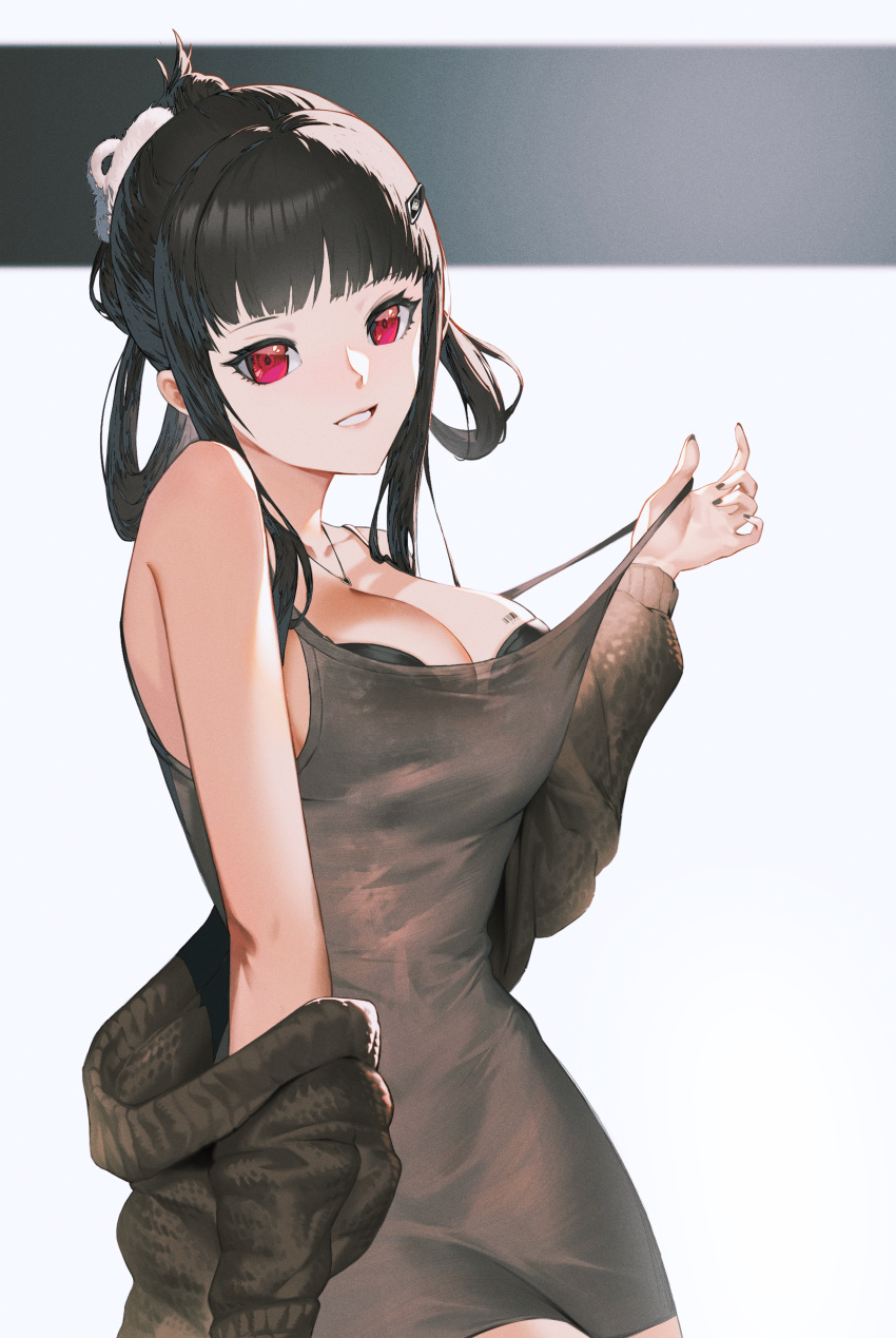 1girl absurdres black_bra black_hair black_nails black_sweater bra breasts cleavage clothes_pull d_(killer_wife)_(nikke) d_(nikke) dongtan_dress dress dress_pull goddess_of_victory:_nikke grey_dress highres jeeboon jewelry large_breasts long_hair long_sleeves looking_at_viewer meme_attire necklace off_shoulder pulled_by_self red_eyes simple_background smile solo sweater underwear