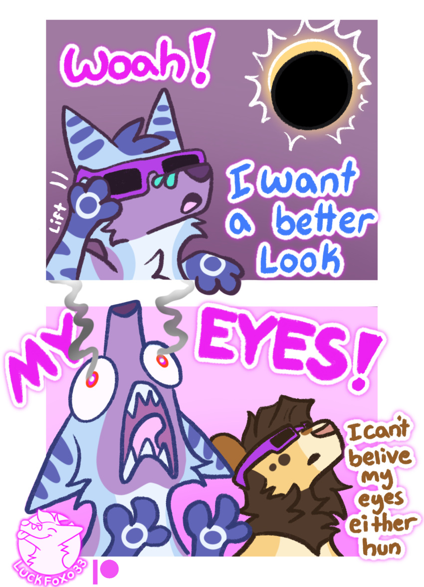 anthro blue burning canid canine comic dialogue eclipse eyes eyewear felid fox furry glasses hi_res humor invalid_tag lgbt light lion luckfoxo33 mammal meme pantherine partners relationship relationship_goals shitpost silly silly_face smoke solar_eclipse speech_bubblle sun sunglasses sunlight tatum_koenig text tolng