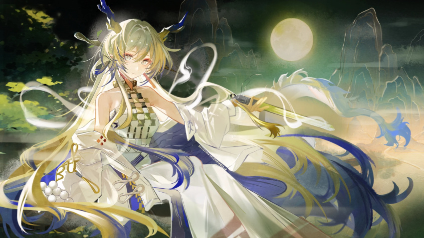 1girl absurdly_long_hair arknights bare_shoulders blonde_hair blue_hair blue_horns closed_mouth colored_skin commentary_request dragon_girl dragon_horns dragon_tail feet_out_of_frame grey_eyes hair_ornament hair_stick highres holding horns jacket juweibingbang long_hair long_sleeves looking_at_viewer mountain multicolored_hair off_shoulder pants shirt shu_(arknights) sitting solo strapless strapless_shirt tail tube_top very_long_hair white_jacket white_pants white_tube_top yellow_horns yellow_skin