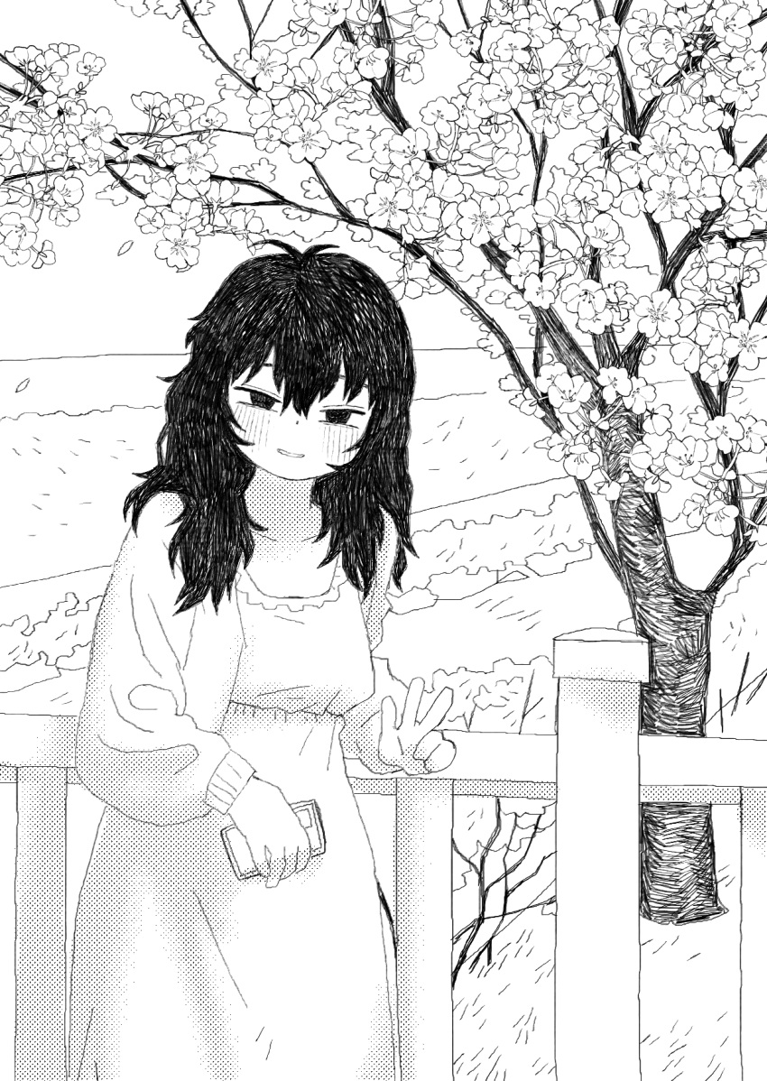 1girl antenna_hair cellphone cherry_blossoms curly_hair dithering dress fence highres holding holding_phone kms2605 long_hair looking_at_viewer monochrome original outdoors parted_lips phone smartphone solo squinting standing tree v