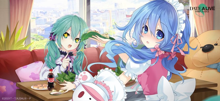 +_+ 2girls :o blue_eyes blue_hair building cola couch date_a_live date_a_live:_spirit_pledge food green_eyes green_hair indoors maid maid_headdress multiple_girls natsumi_(date_a_live) official_art open_mouth pillow puffy_short_sleeves puffy_sleeves short_sleeves stuffed_animal stuffed_toy window yoshino_(date_a_live) yoshinon