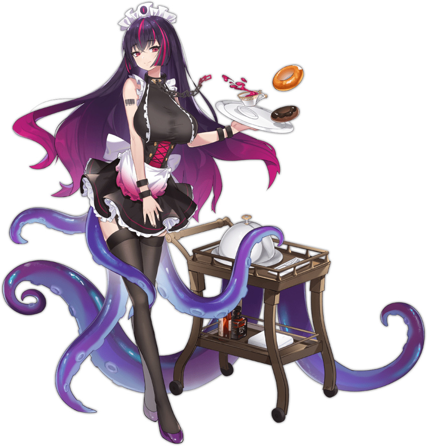 1girl apron ark_order black_corset black_hair black_nails black_shirt black_thighhighs bottle bracelet breasts cart chain collar corset cthulhu_mythos cup doughnut food frilled_apron frilled_shirt frills full_body holding holding_plate holding_tray jewelry large_breasts maid_headdress multicolored_hair official_art pink_hair plate purple_footwear red_eyes serving_dome shirt shoes shoggoth_(ark_order) sk_tori solo streaked_hair tachi-e teacup tentacles thighhighs transparent_background tray waist_apron white_apron wine_bottle