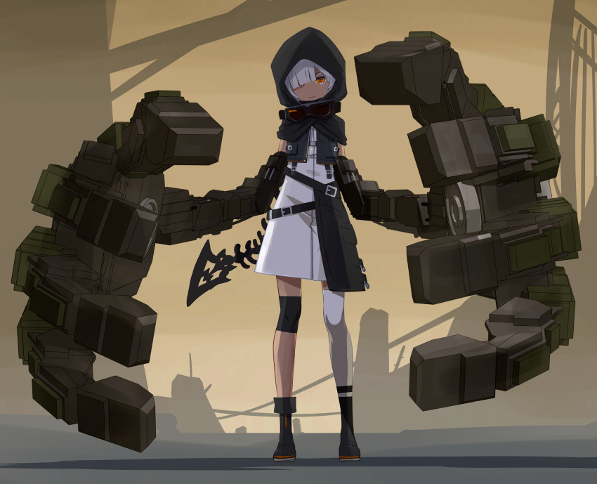 1girl 32zzz asymmetrical_legwear belt black_bag black_belt black_hood black_leg_warmers black_rock_shooter dress full_body gauntlets grey_hair hair_over_one_eye highres looking_at_viewer mechanical_arms mechanical_tail mismatched_legwear orange_eyes short_dress single_leg_warmer single_thighhigh solo strength_(black_rock_shooter) tail thighhighs white_dress white_thighhighs