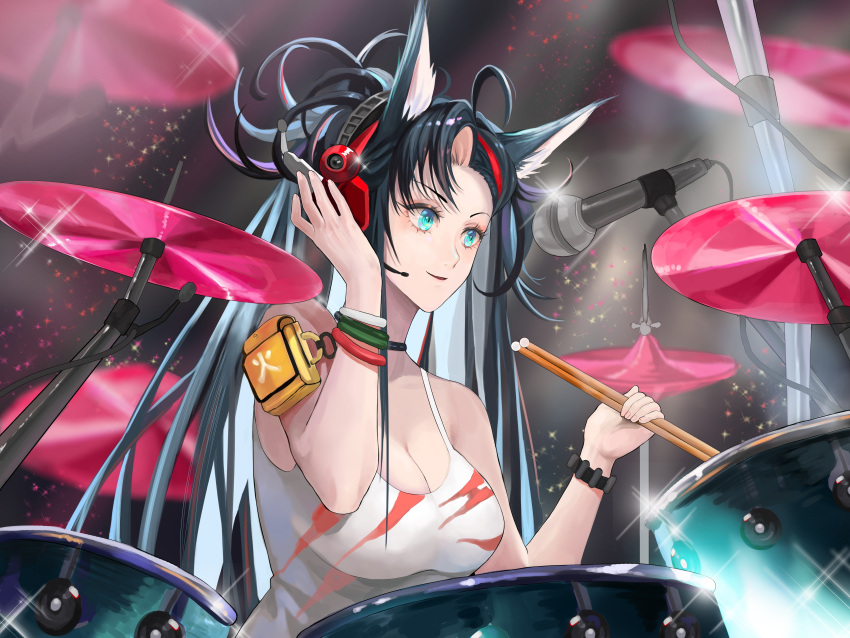 1girl absurdres ahoge animal_ears arknights bare_arms bare_shoulders black_hair blaze_(arknights) blaze_(burst_feline)_(arknights) blue_eyes breasts camisole cat_ears chinese_commentary cleavage commentary_request cymbals drum drum_set drumsticks hands_up headphones highres holding instrument jiafaqingfeng medium_breasts messy_hair microphone_stand smile solo upper_body