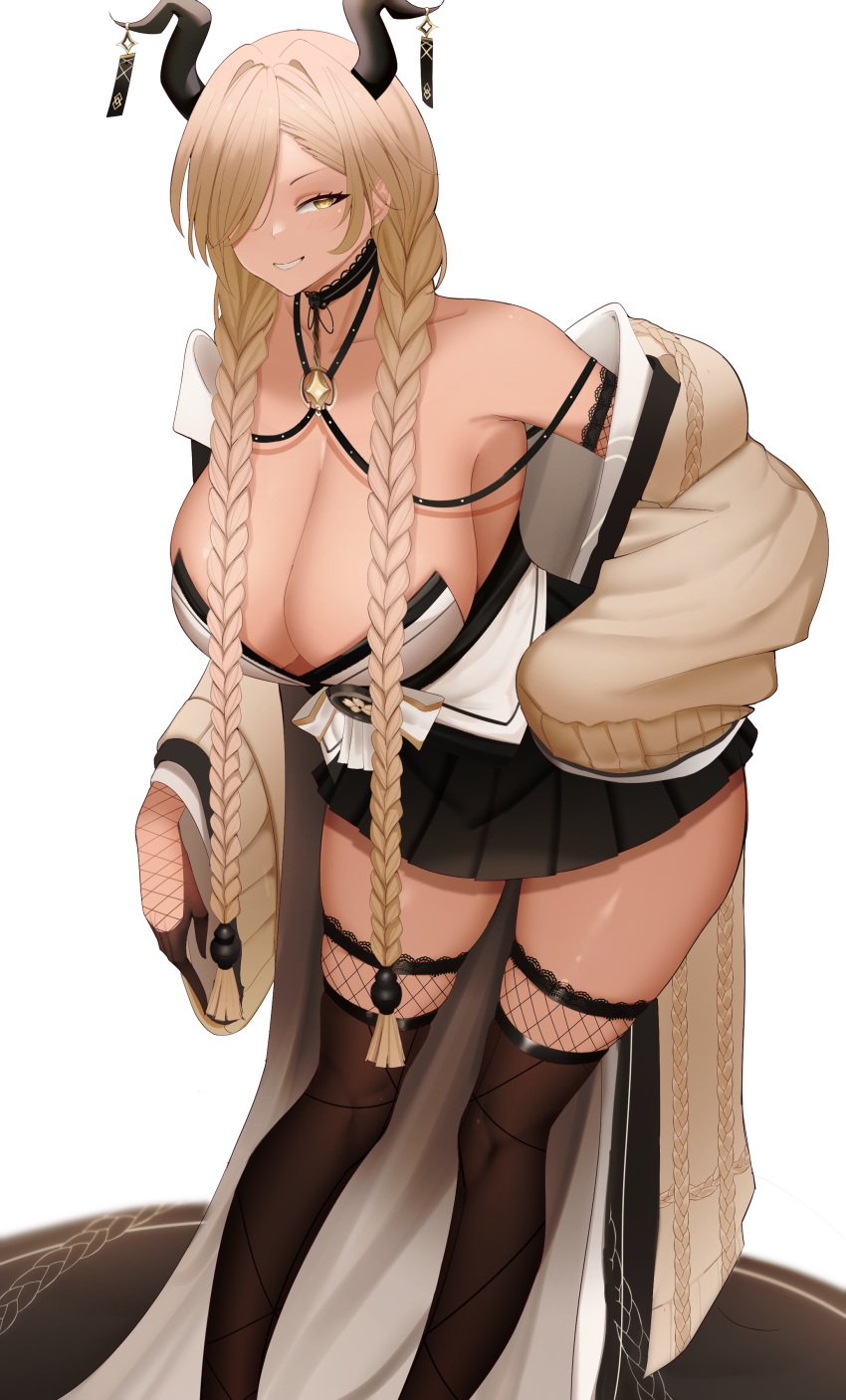 1girl absurdres azur_lane bare_shoulders black_choker black_horns black_skirt blonde_hair braid breasts brown_coat brown_gloves brown_thighhighs cable_knit choker cleavage coat english_commentary feet_out_of_frame fishnet_thighhighs fishnets gloves hair_over_one_eye highres horn_ornament horns huge_breasts jewelry large_horns leaning_forward long_hair long_sleeves looking_at_viewer low_twin_braids miniskirt open_clothes open_coat owari_(azur_lane) pleated_skirt sagging_breasts sakuramon simple_background sirtunalazycat skirt smile solo thighhighs twin_braids undersized_breast_cup very_long_hair white_background yellow_eyes zettai_ryouiki