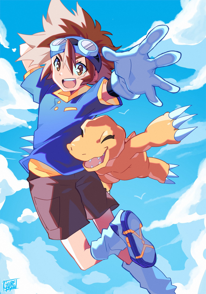 1boy agumon blue_headband blue_shirt brown_eyes brown_hair brown_shorts claws cloud colored_skin digimon digimon_adventure english_commentary foot_out_of_frame gloves goggles goggles_on_head gurepyon headband highres looking_at_viewer medium_hair midair orange_skin reptile shirt shorts sky socks spiked_hair white_gloves white_socks yagami_taichi