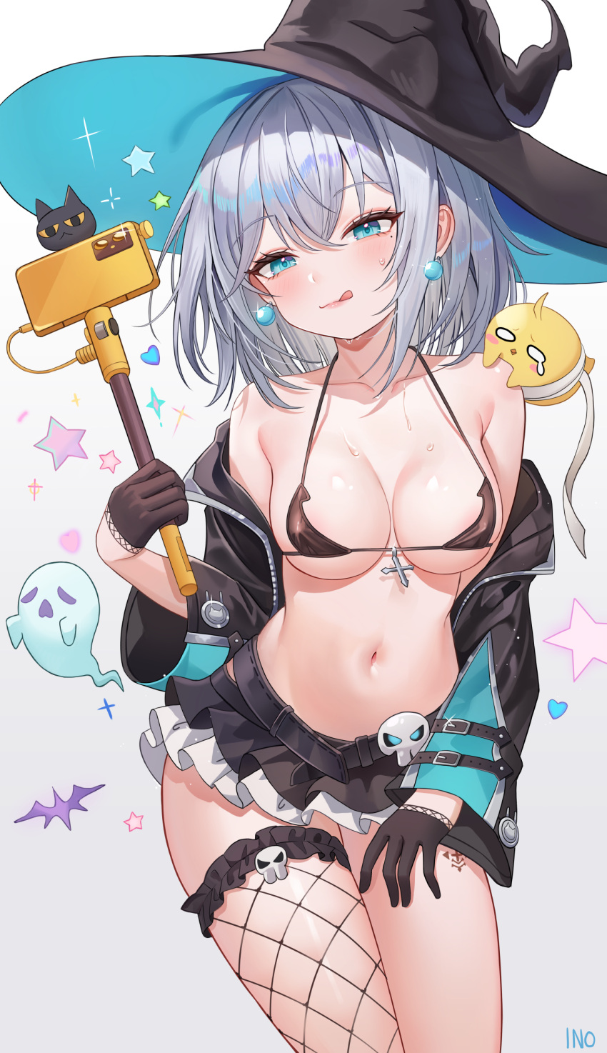 1girl :q absurdres azur_lane bare_shoulders belt bikini bird black_bikini black_gloves black_hat black_jacket black_skirt blue_eyes breasts cellphone chick cleavage closed_mouth collarbone fishnet_thighhighs fishnets gloves grey_hair halterneck hat highres holding iino_(isnyong) jacket jade_(azur_lane) layered_skirt long_sleeves looking_at_viewer loose_belt manjuu_(azur_lane) medium_breasts medium_hair miniskirt mole mole_under_eye navel off_shoulder open_clothes open_jacket phone selfie_stick single_thighhigh skirt smartphone smile solo stomach strap_gap string_bikini sweat swimsuit thighhighs thighs tongue tongue_out witch_hat