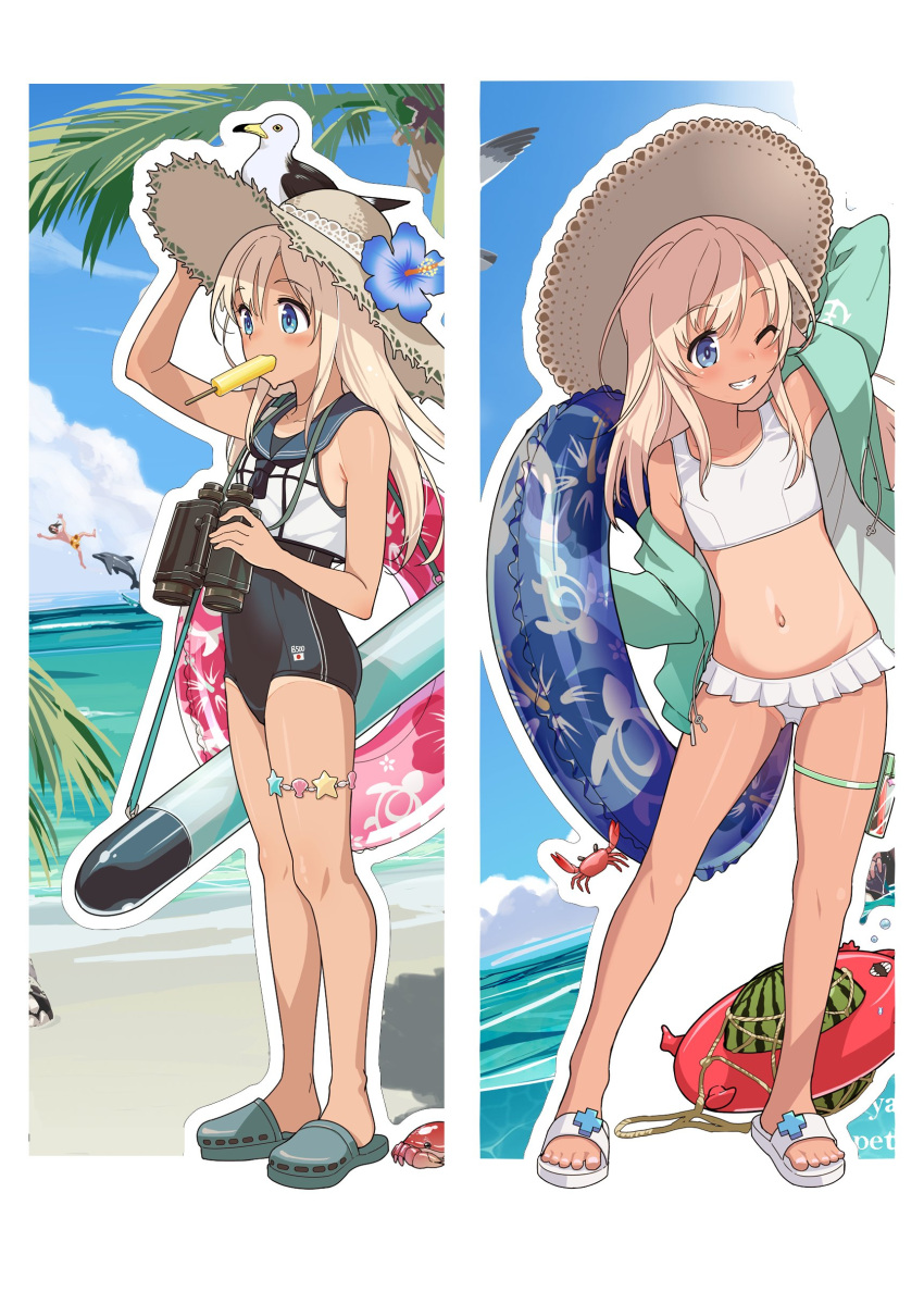 1boy 1girl absurdres arm_up beach bikini binoculars bird black_one-piece_swimsuit blonde_hair blue_eyes blue_flower blue_sailor_collar cloud crab day dolphin fish flower food fruit grin hat hibiscus highres holding holding_swim_ring innertube jacket jinkai_yamizawa kantai_collection long_hair mouth_hold multiple_views one-piece_swimsuit open_clothes open_jacket outdoors popsicle ro-500_(kancolle) sailor_collar sandals seagull sky smile swim_ring swimsuit tan thigh_strap water watermelon white_bikini