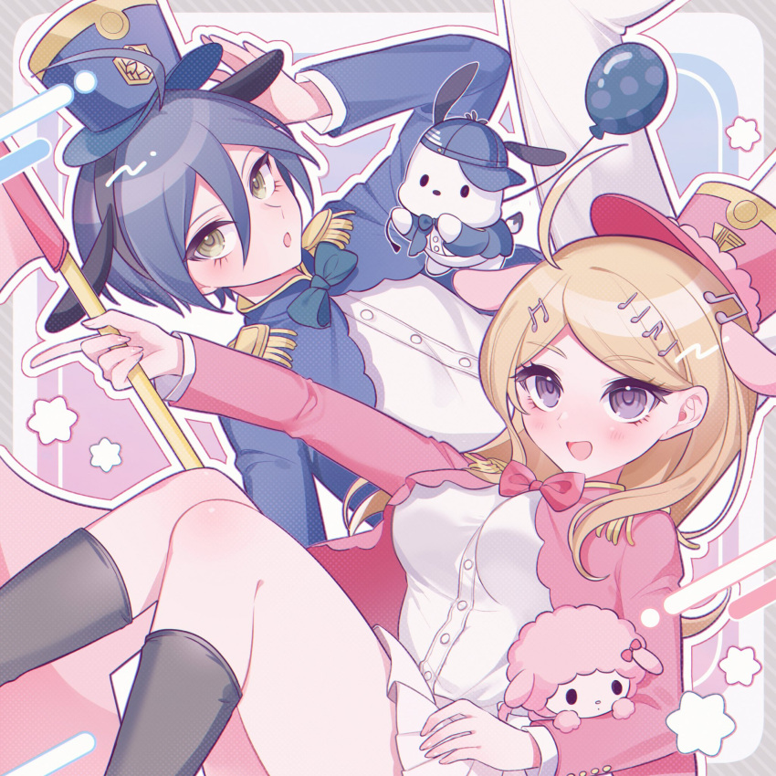 1boy 1girl :d ahoge akamatsu_kaede animal balloon black_bow black_bowtie black_hair black_hat blush bow bowtie breasts danganronpa_(series) danganronpa_v3:_killing_harmony dog dress_shirt hair_ornament hat highres holding holding_staff kneehighs large_breasts long_hair long_sleeves miniskirt musical_note musical_note_hair_ornament official_alternate_costume pink_bow pink_bowtie pink_eyes pink_hat pleated_skirt saihara_shuichi sheep shirt short_hair skirt smile socks staff to_ma_(ye_e00) top_hat white_shirt white_skirt