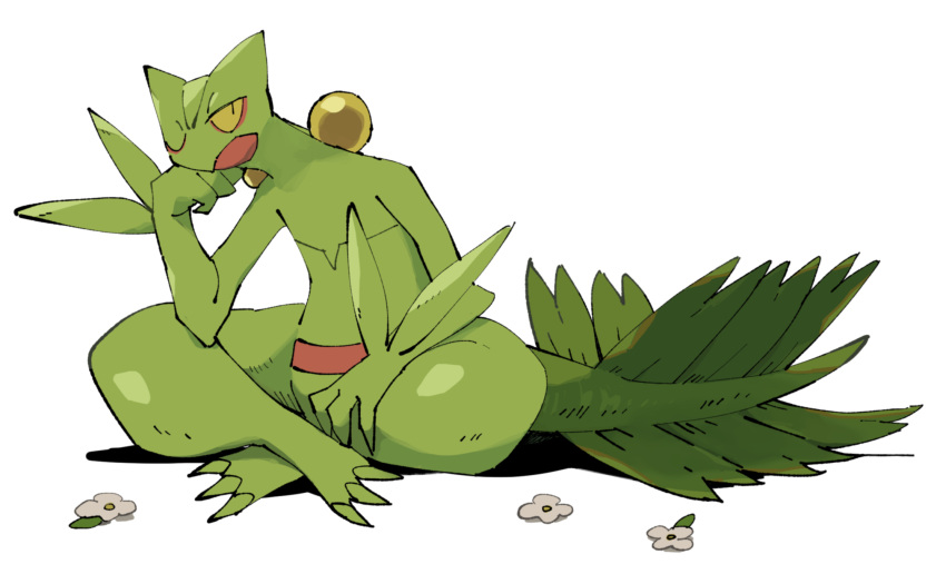 colored_sclera colored_skin elbow_on_knee green_skin green_tail hand_on_own_face highres mashita._(mentaiko_omoti) pokemon pokemon_(creature) sceptile simple_background sitting solo white_background yellow_sclera