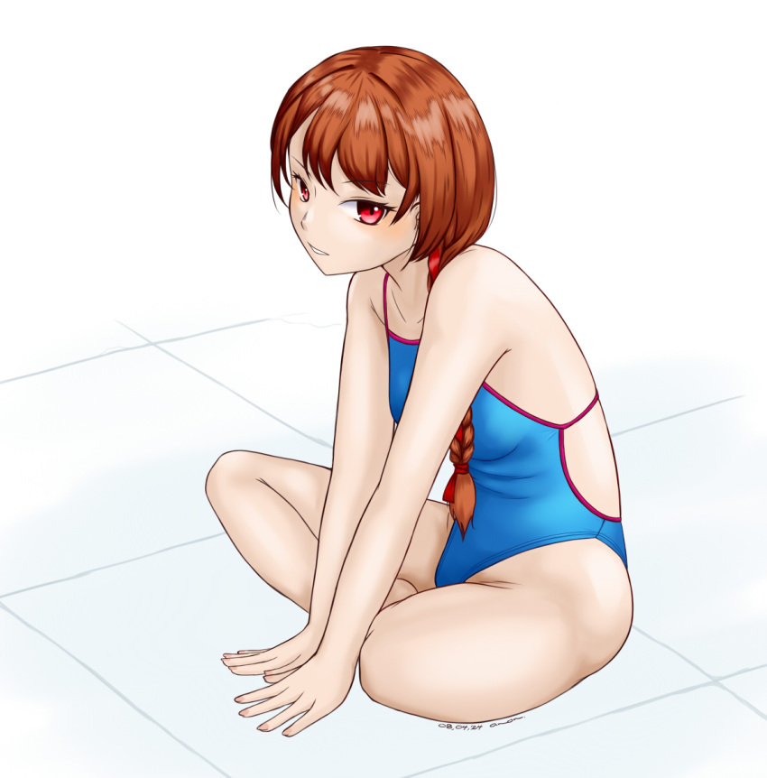 1girl anon. blue_one-piece_swimsuit braid brown_hair commentary_request competition_swimsuit hair_over_shoulder highleg highleg_swimsuit highres indian_style kantai_collection long_hair looking_at_viewer nevada_(kancolle) one-piece_swimsuit red_eyes simple_background single_braid sitting solo swimsuit white_background