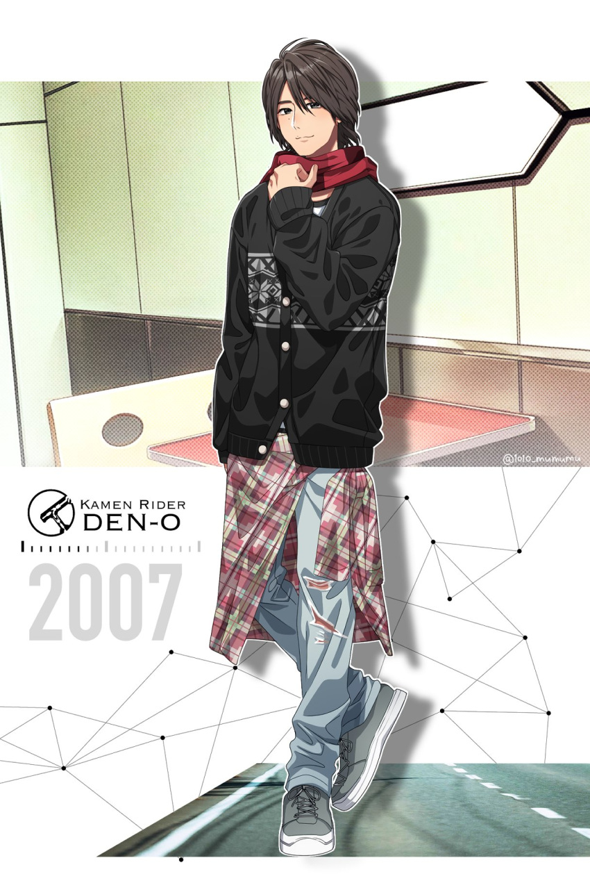 1010_mumumu 1boy 2007 animification black_eyes black_jacket brown_hair clothes_around_waist copyright_name denim denliner heisei highres jacket jeans kamen_rider kamen_rider_den-o_(series) male_focus nogami_ryoutarou pants red_scarf scarf shirt shirt_around_waist shoes smile sneakers solo sweater_jacket table white_shirt