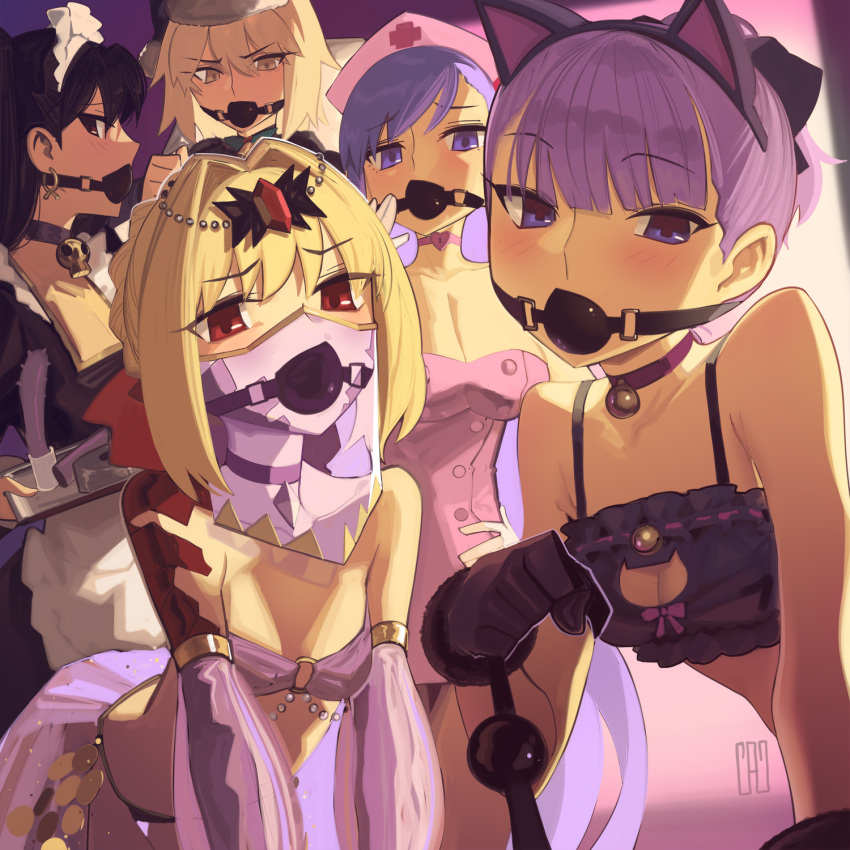 5girls artoria_pendragon_(fate) bare_shoulders bb_(fate) black_hair blonde_hair breasts cad_(caddo) fate/grand_order fate_(series) helena_blavatsky_(fate) highres ishtar_(fate) large_breasts long_hair looking_at_viewer multiple_girls nero_claudius_(fate) purple_hair queen_draco_(fate) santa_alter small_breasts