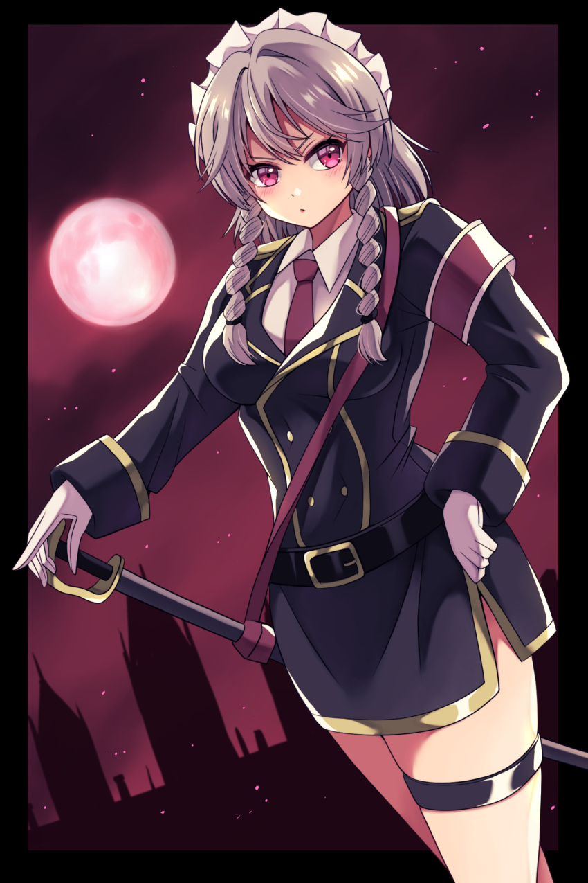 1girl alternate_costume armband belt blush braid breasts collared_shirt commentary_request epaulettes full_moon gloves grey_hair happy_ginko highres izayoi_sakuya long_hair long_sleeves maid_headdress military_uniform moon necktie red_armband red_eyes red_moon red_necktie red_sky sheath sheathed shirt sky solo sword thigh_strap touhou twin_braids uniform weapon white_gloves white_shirt