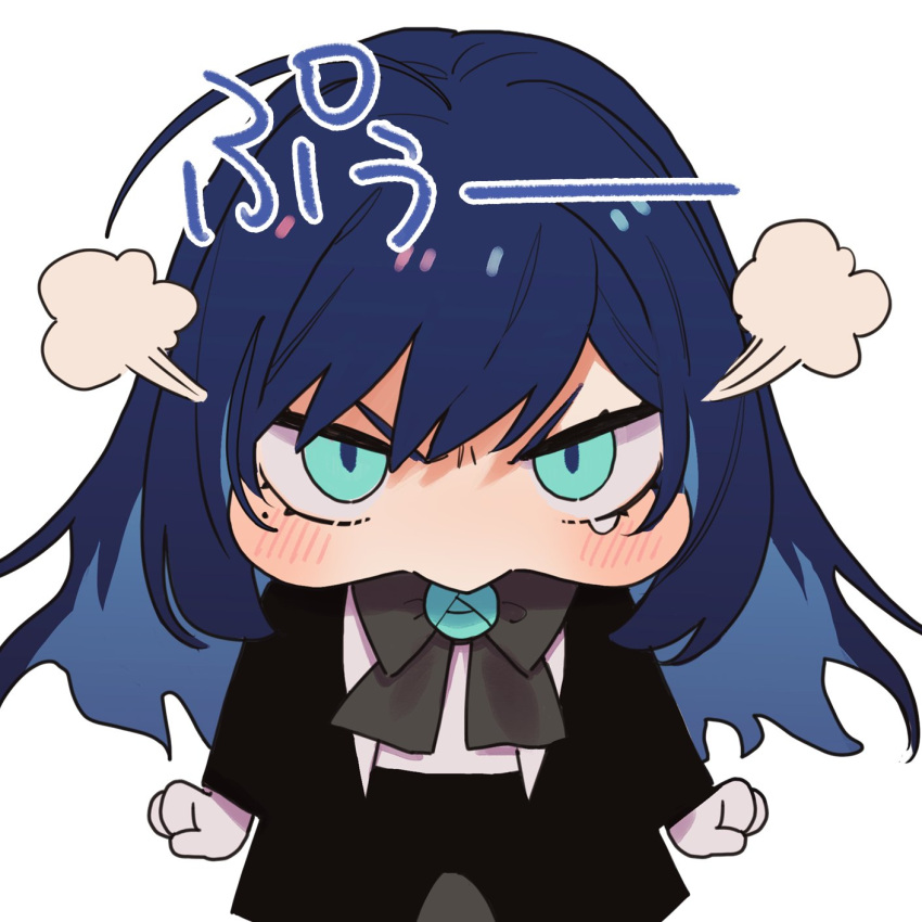 1girl ado_(utaite) angry aqua_eyes black_bow black_bowtie black_coat blue_hair blush bow bowtie chando_(ado) chibi cloud_nine_inc coat colored_inner_hair commentary_request dark_blue_hair flower_brooch gloves highres long_hair looking_at_viewer mole mole_under_eye multicolored_hair puff_of_air riseno simple_background solo translation_request two-tone_hair utaite white_background white_gloves