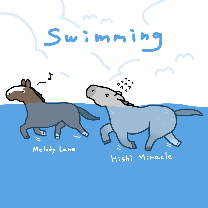 &gt;_&lt; animal_focus character_name commentary_request eighth_note english_text highres hishi_miracle_(racehorse) horse melody_lane_(racehorse) motion_lines musical_note no_humans real_life swimming takadano_paka