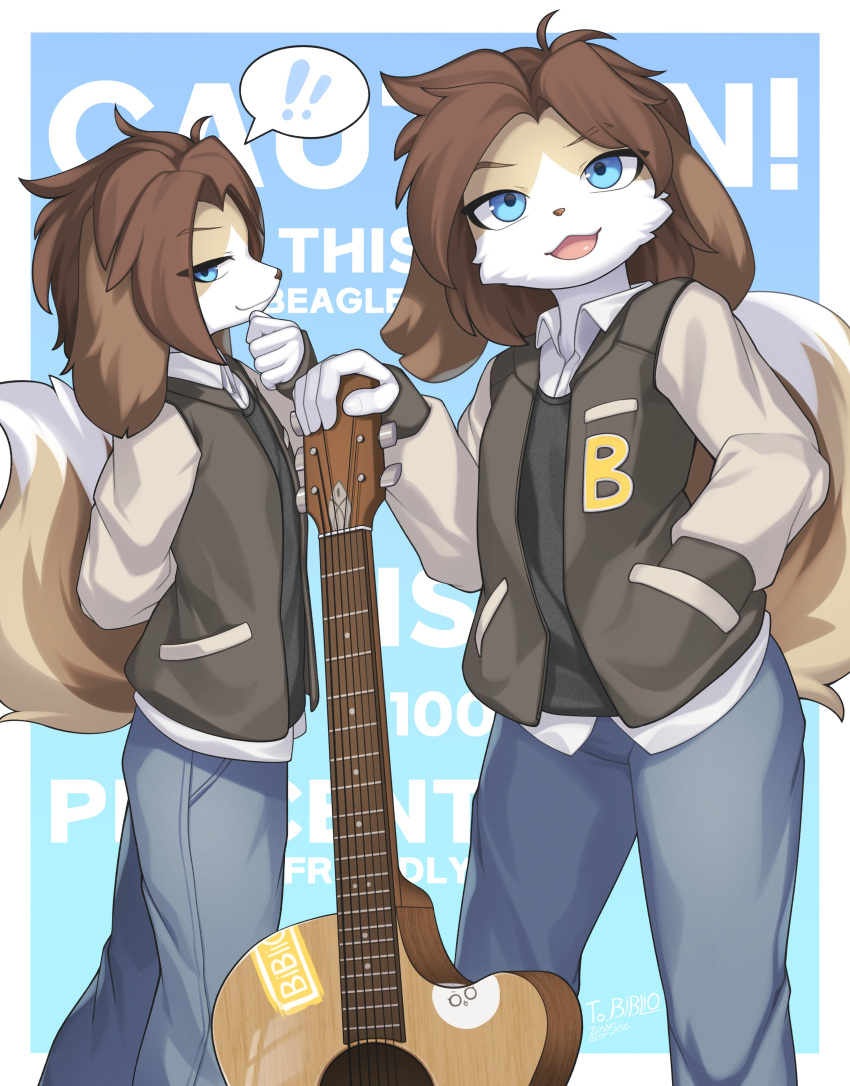 2024 5_fingers absurd_res acoustic_guitar anthro beagle blue_eyes border bottomwear brown_hair canid canine canis clothed clothing domestic_dog dress_shirt english_text fingers front_view fully_clothed fur guitar hair hi_res hunting_dog jacket looking_at_viewer male mammal multiple_angles musical_instrument open_mouth pants plucked_string_instrument scent_hound shirt side_view smile solo standing string_instrument tail tan_body tan_fur text tongue topwear zinfyu