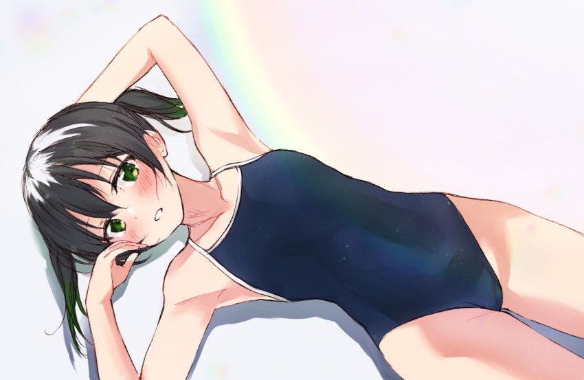 1girl airmilk310 armpits blue_one-piece_swimsuit blush breasts collarbone commentary_request gradient_hair green_eyes green_hair hair_between_eyes highres looking_at_viewer love_live! love_live!_nijigasaki_high_school_idol_club medium_hair multicolored_hair one-piece_swimsuit sidelocks small_breasts solo swimsuit takasaki_yu twintails upper_body white_background