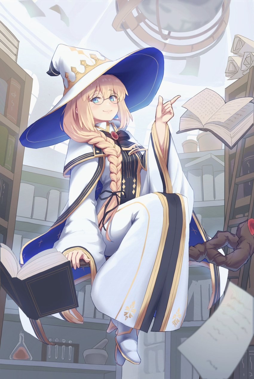 1girl absurdres blonde_hair blue_eyes book bookshelf braid commentary_request fate/grand_order fate_(series) floating floating_book floating_object glasses hat highres long_hair lucky_ckm robe scroll side_braid smile staff staff_riding tonelico_(fate) tonelico_(first_ascension)_(fate) white_robe witch_hat