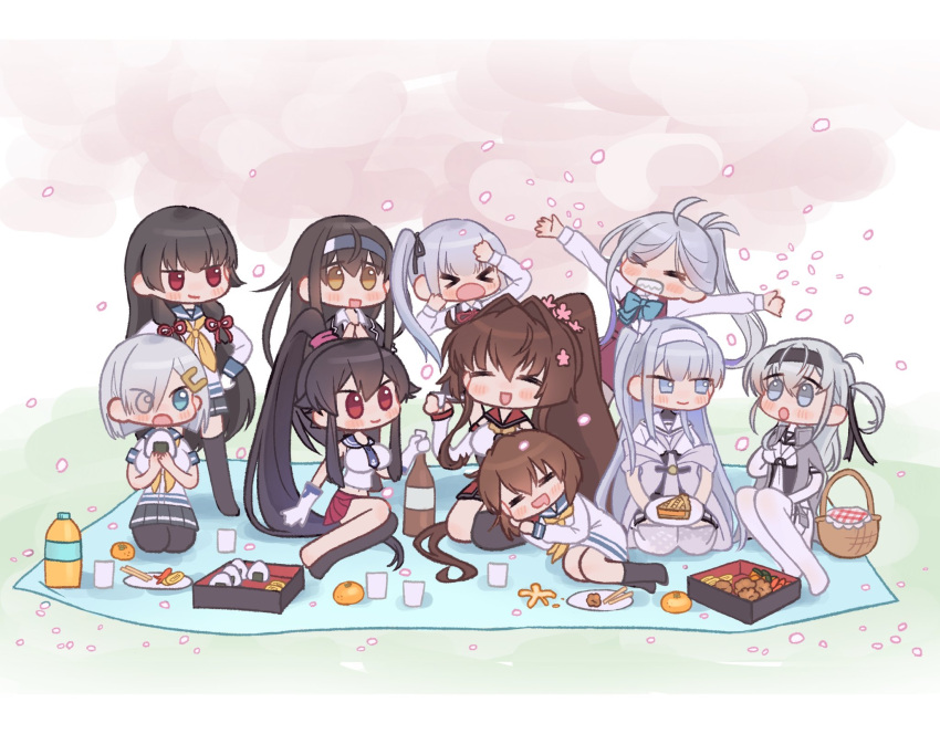 &gt;_&lt; 6+girls asashimo_(kancolle) ayuko91 black_hair blush bodysuit bottle breasts brown_hair cherry_blossoms chibi chopsticks closed_eyes cup day flower food fuyutsuki_(kancolle) grey_hair grin hachimaki hair_flower hair_ornament hair_over_one_eye hair_ribbon hairclip hamakaze_(kancolle) hands_on_own_hips hatsushimo_(kancolle) headband highres holding holding_food isokaze_(kancolle) kantai_collection kasumi_(kancolle) lap_pillow long_hair long_sleeves multiple_girls one_side_up onigiri open_mouth outdoors pantyhose petals pink_flower plate red_ribbon ribbon sailor_collar school_uniform serafuku shirt short_hair sitting sleeping smile standing suzutsuki_(kancolle) thighhighs white_bodysuit white_shirt yahagi_(kancolle) yamato_(kancolle) yukikaze_(kancolle)