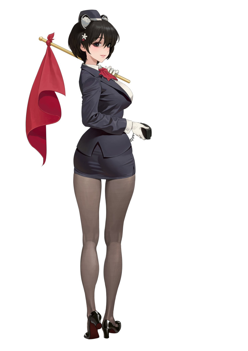 1girl animal_ear_fluff animal_ears black_eyes blue_archive breasts flag full_body gloves hair_ornament hat high_heels highres holding holding_flag hongcasso lips long_sleeves looking_at_viewer looking_back medium_breasts miniskirt pantyhose parted_lips short_hair skirt solo tour_guide tsubaki_(blue_archive) tsubaki_(guide)_(blue_archive)